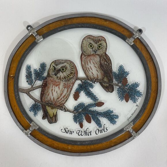 Glass Masters Stainglass Windows Hanging Saw Whet Owls 9”x 8” READ - Picture 1 of 9